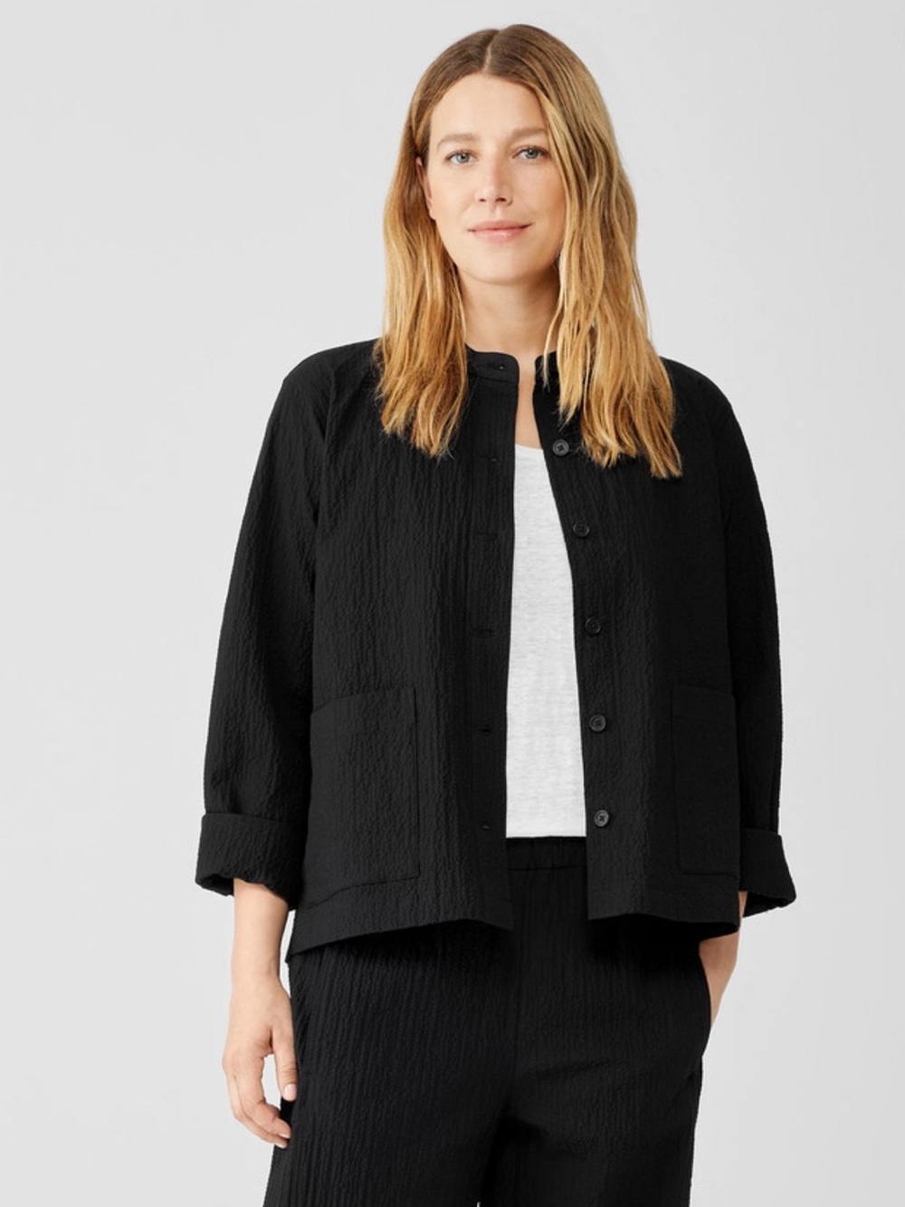 Eileen Fisher Viscose Black Pucketed Textured Open-Front Cardigan Jacket Large